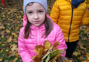 Dziewczynka trzyma bukiet z liści