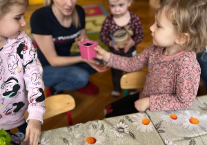 Dziewczynki prezentują swoje sadzonki