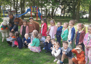 dzieci pozuja do zdjęcia z alpakami