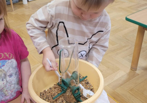 Dzieci napełniają karmniki dla ptaków ziarenkami