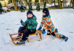 dzieci jadą na sankach