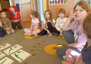 na dywanie leżą ilustracje dinozaurów