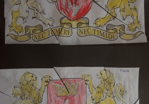 Prace plastyczne dzieci przedstawiające herb Gdańska.