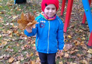 Chłopiec trzyma bukiet z liści