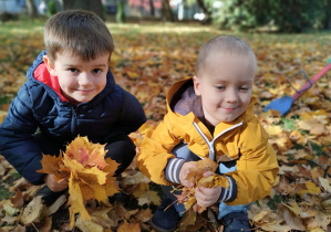 dzieci trzymają liście