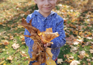 chłopiec trzyma liście