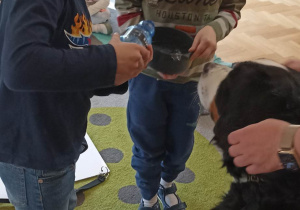 dzieci nalewają wodę do miseczki dla psa