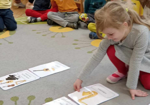 dzieci siedzą na dywanie i układają ilustracje instrumentów
