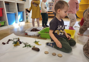 Dzieci układają obrazki z naturalnych materiałów