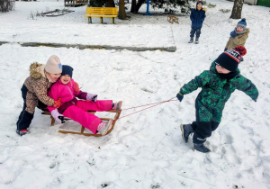 dzieci jadą na sankach