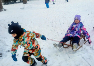 dzieci jadą na sankach