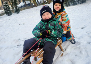 dzieci jadą na sankach