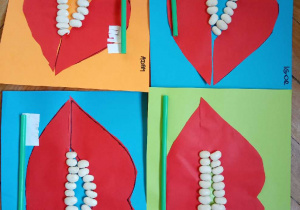 Prace plastyczne przedstawiające papierowe usta i "zęby" naklejone z fasoli